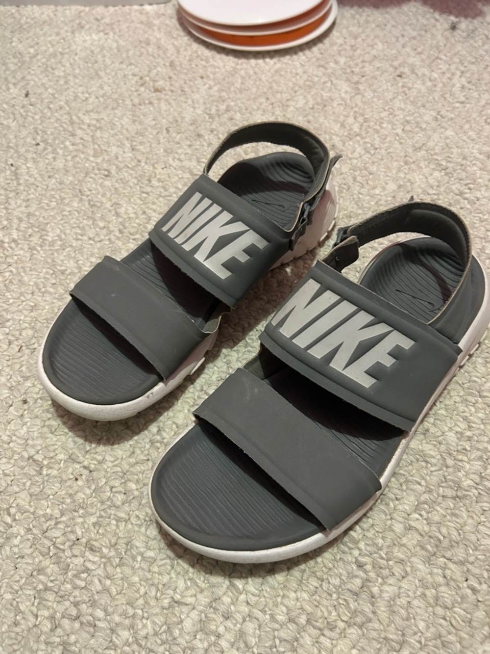 Nike Gray and White Sandals with Adjustable Heel Strap